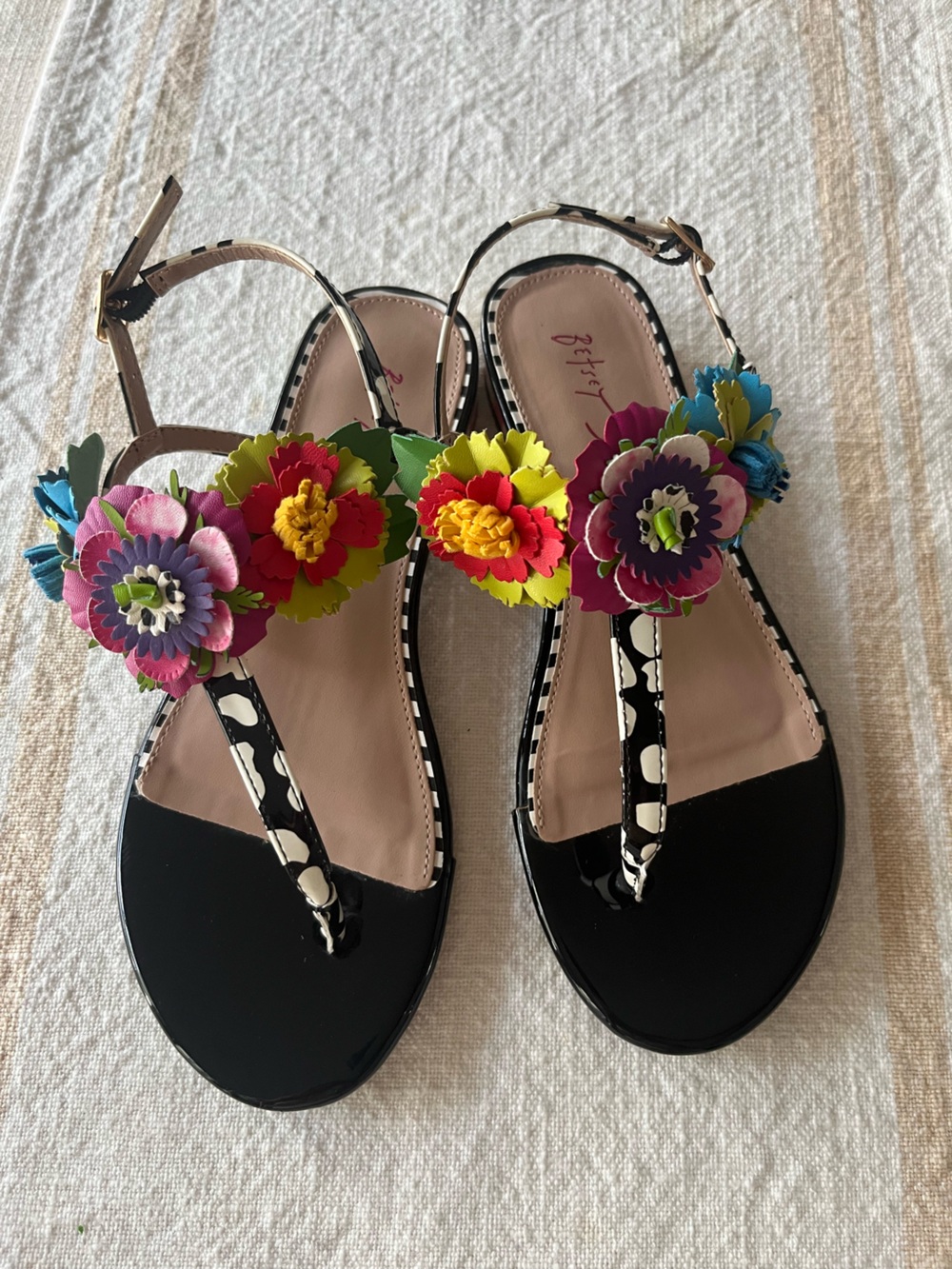 Betsey Johnson Black Sandals with Multicolor Floral Accents